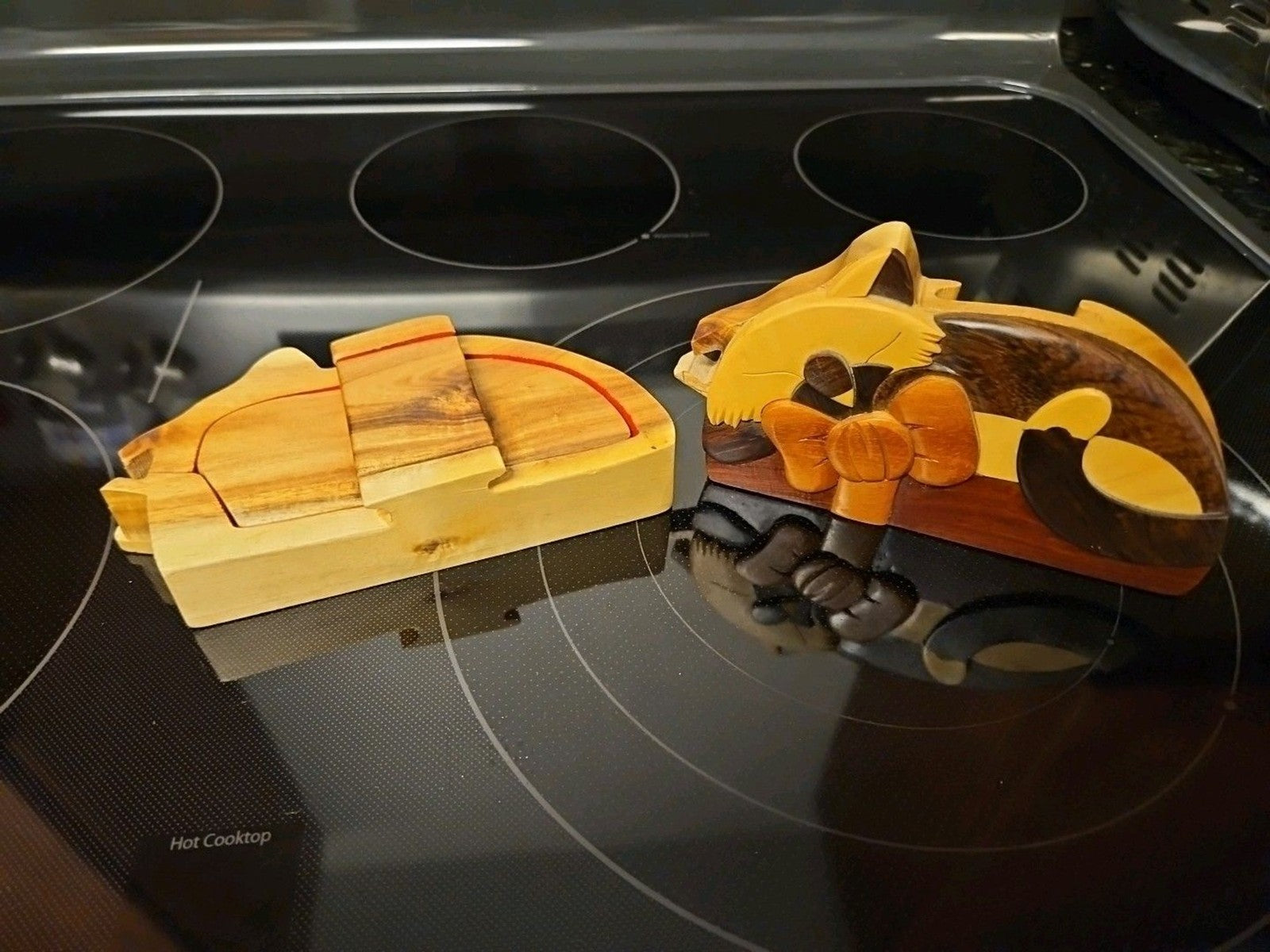 Carver Dan Wooden Sleeping Cat Puzzle Box Trinket Jewelry Box Hidden Compartment