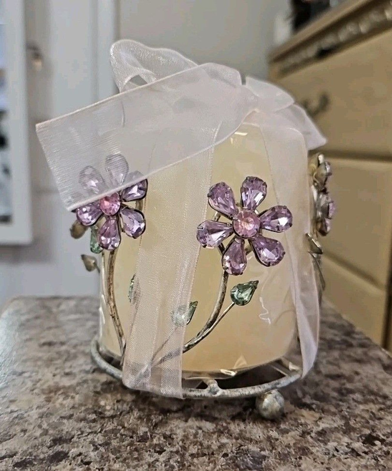 Round Silver Metal Candle Holder With Purple & Green Jeweled Flowers 3.5''