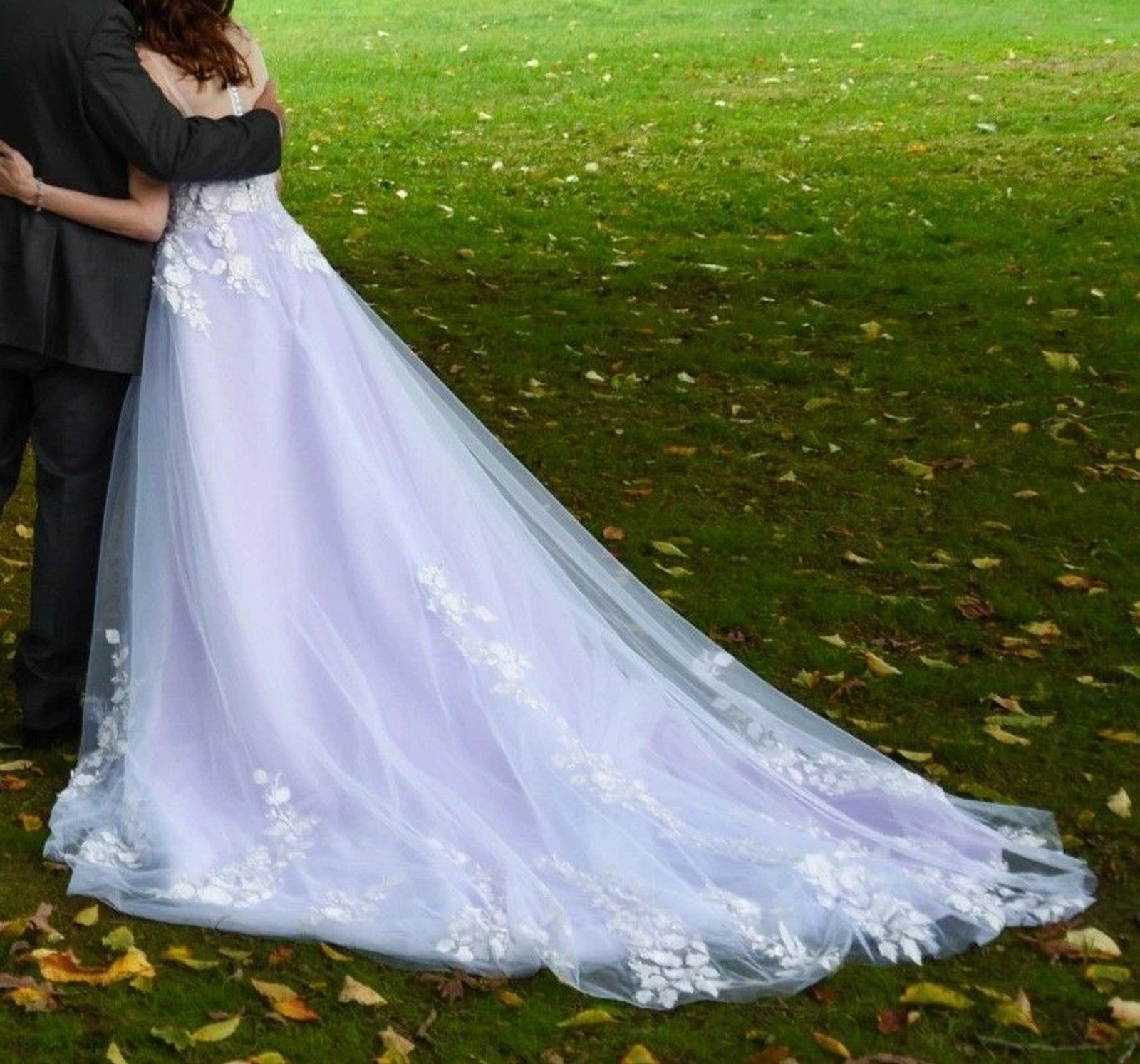 Lavender A Line Wedding Dress Lace Applique Sweep Train Backless Size Small