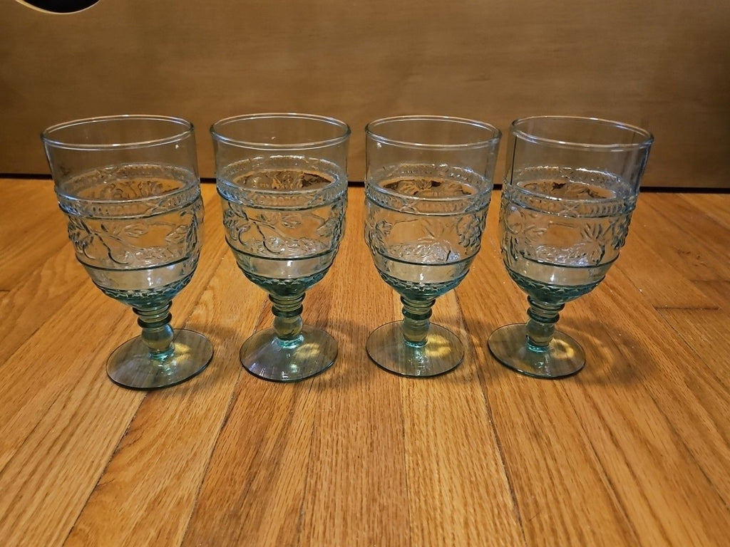 Vintage Mikasa 1960 Embossed Fruit Light Green Glasses Set of Four (4)