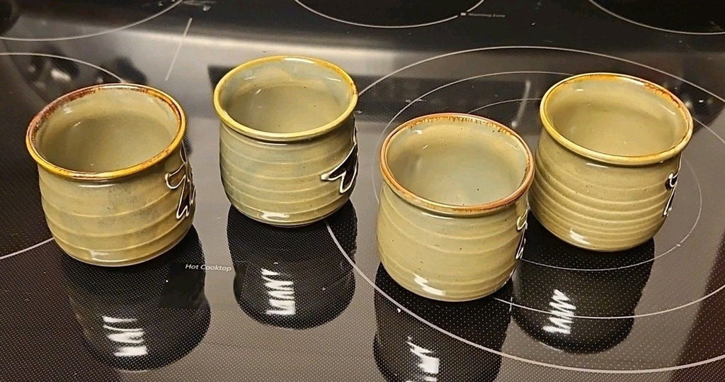 Set Of 4 Glazed Stoneware Japanese Lettered Sake or Tea Cups