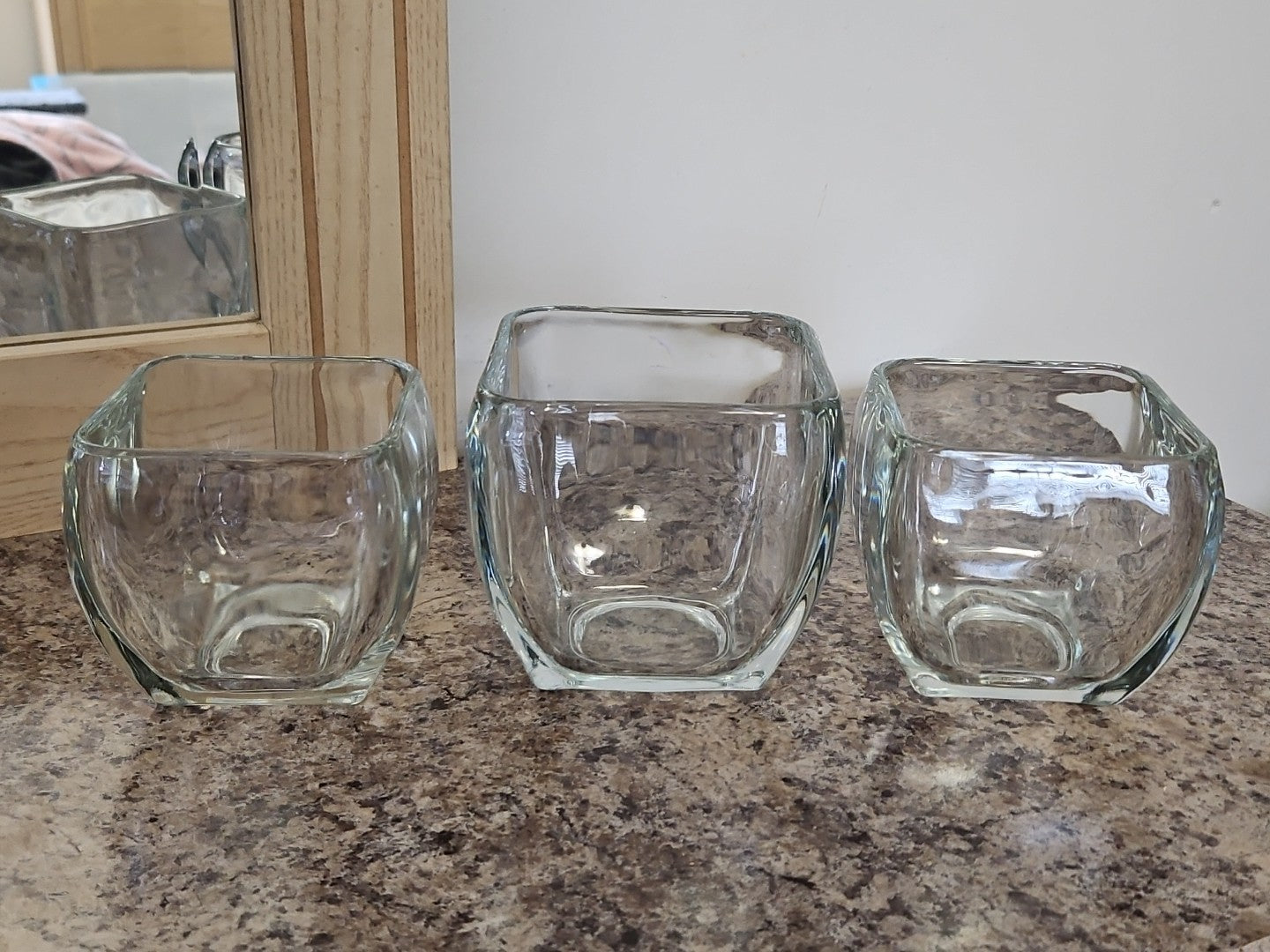 Set Of 3 Clear Glass Curved Tapered Square Candle Holders 3.75" & 4.5"