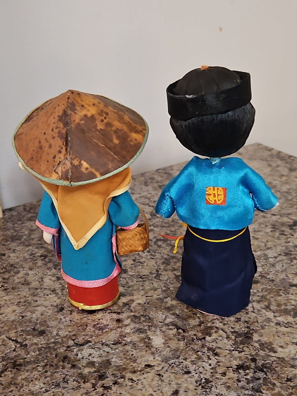 Set Of 2 Vintage Taiwan Free China Dolls Asian Folk Art Peasant Woman & Warrior