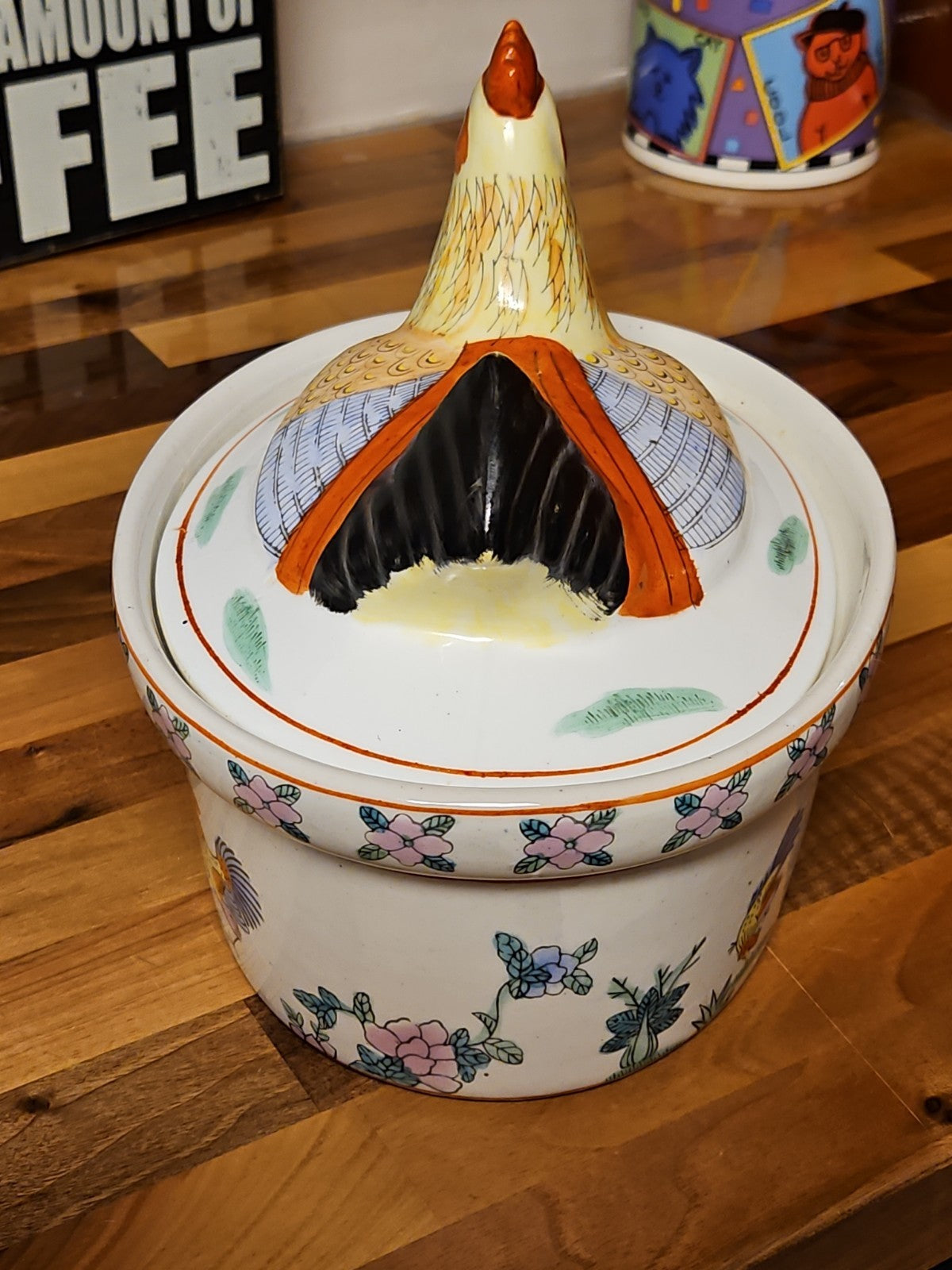 Vintage Chinese Famille Rose  Rooster Ceramic Tureen with Lid