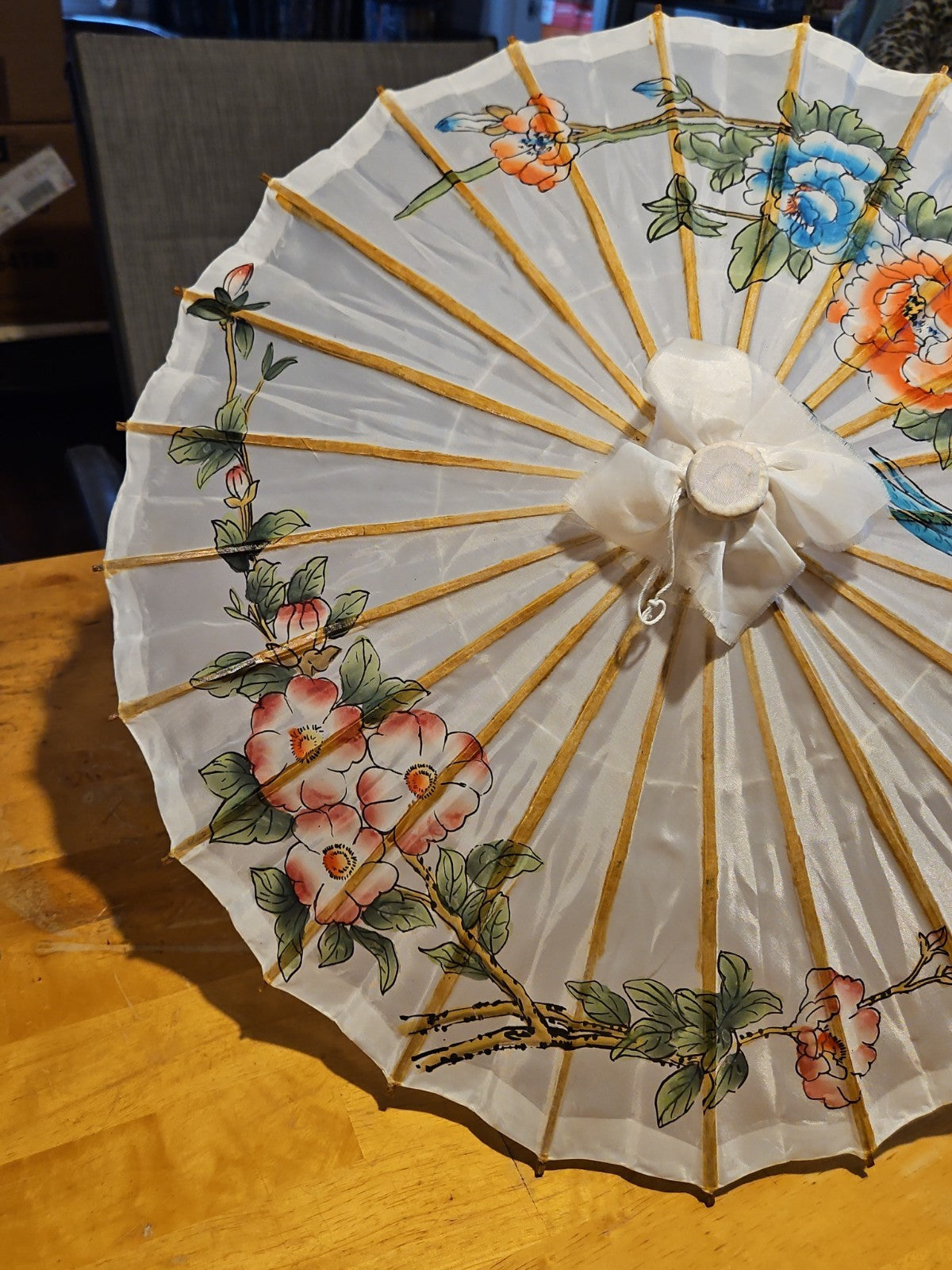 Vintage Asian Japanese Hand Painted Parasol Umbrella 21" White Floral EUC
