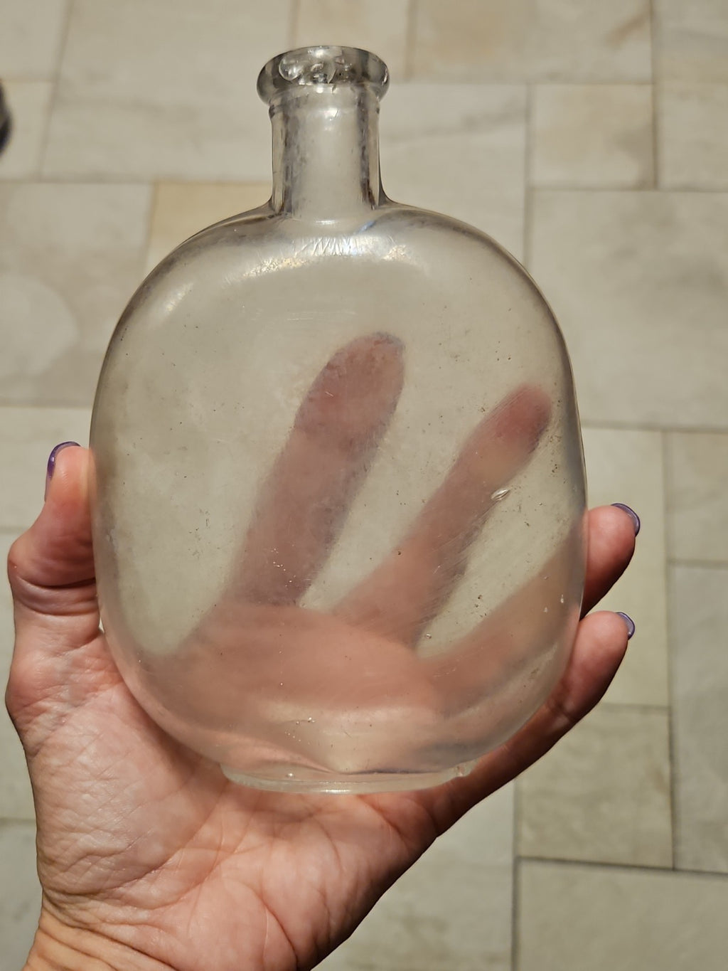 Set Of 2 Antique Blown Glass Pumpkin Seed Flasks 1 Pt & 1/2 Pt Purple Grey Tint