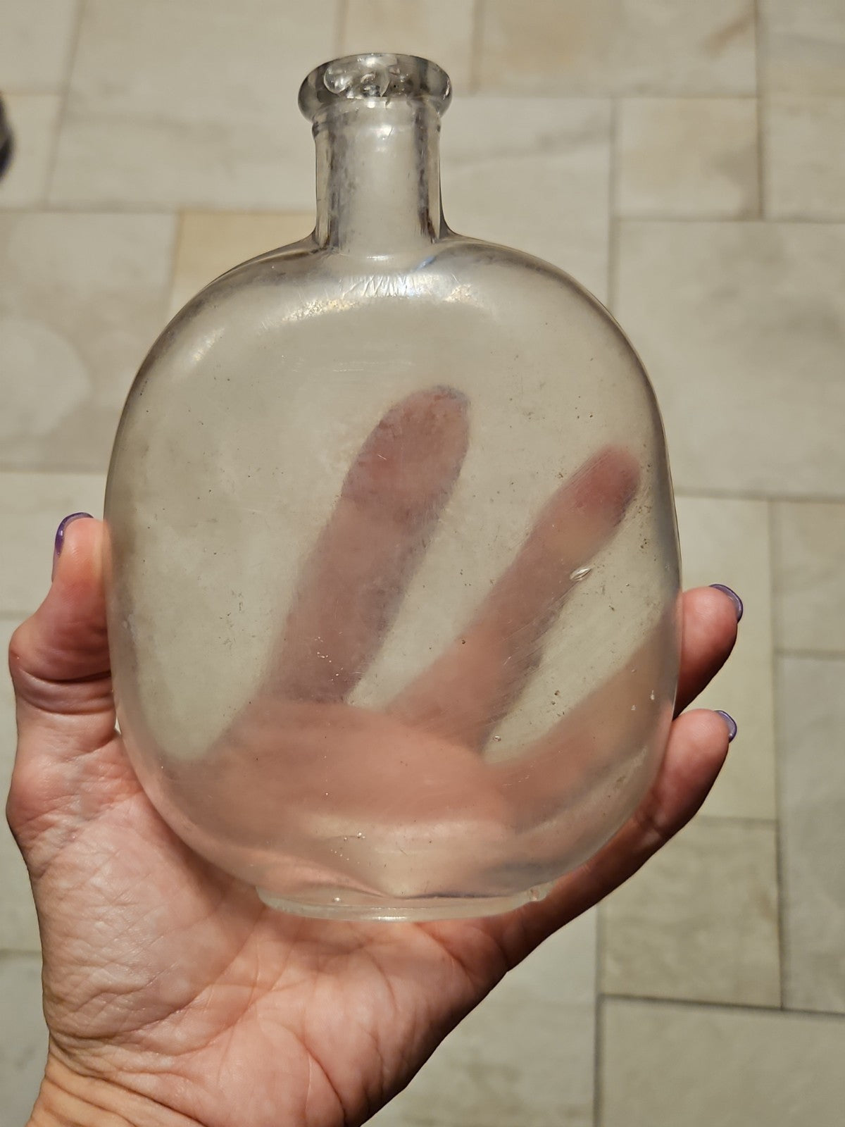 Set Of 2 Antique Blown Glass Pumpkin Seed Flasks 1 Pt & 1/2 Pt Purple Grey Tint