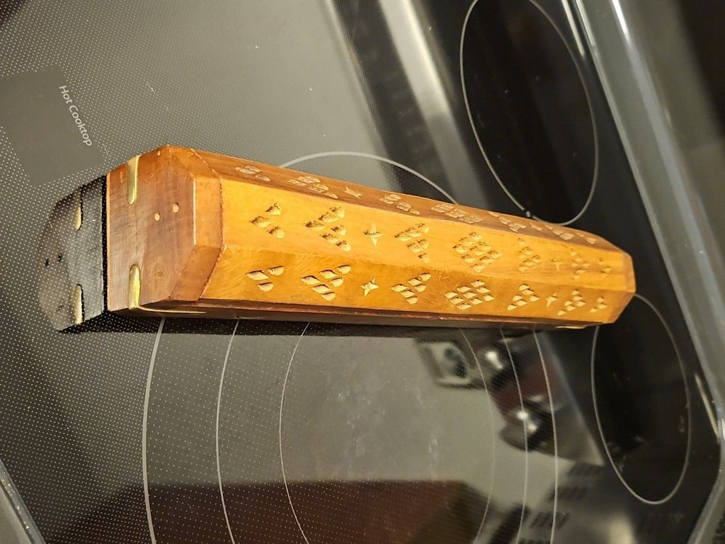 Vintage Wooden Incense Holder Brass Inlaid Stars & Moon w/ Hidden Compartment