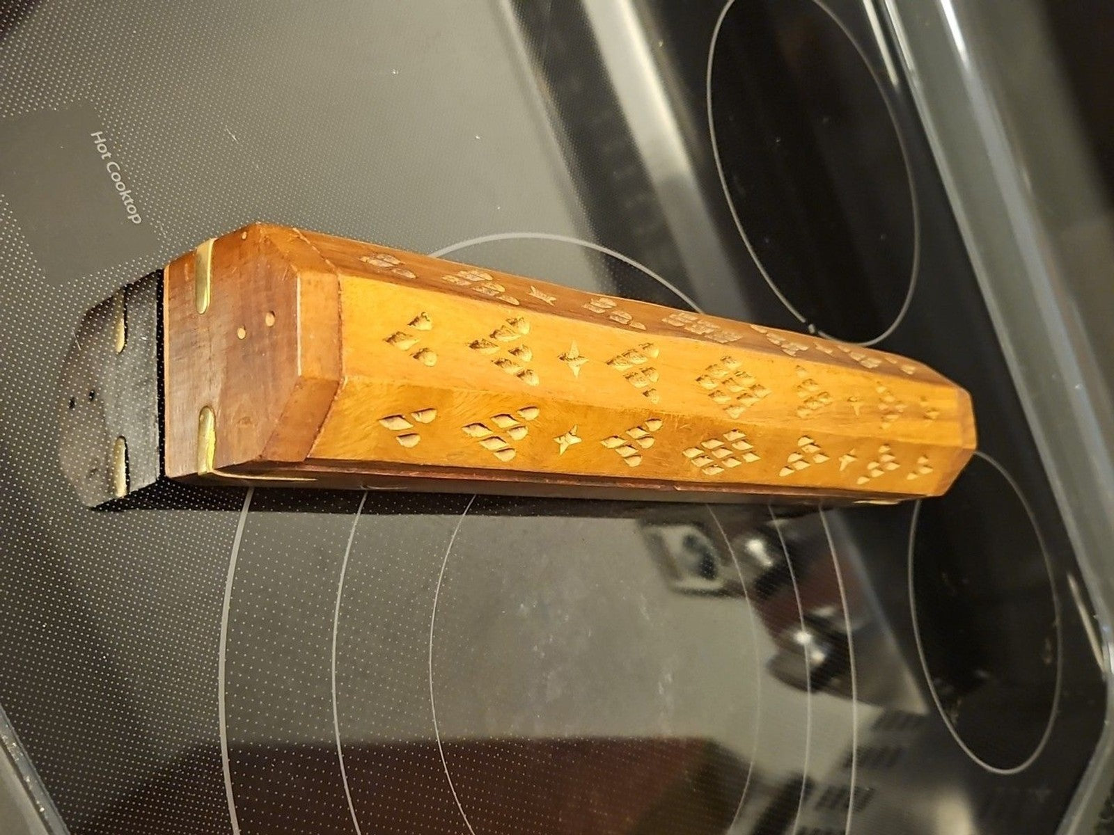 Vintage Wooden Incense Holder Brass Inlaid Stars & Moon w/ Hidden Compartment