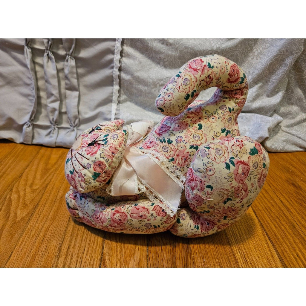 Vintage Style Pink Roses Floral Fabric Cat Door Stopper Ribbon Accent 11"x7"x 9"