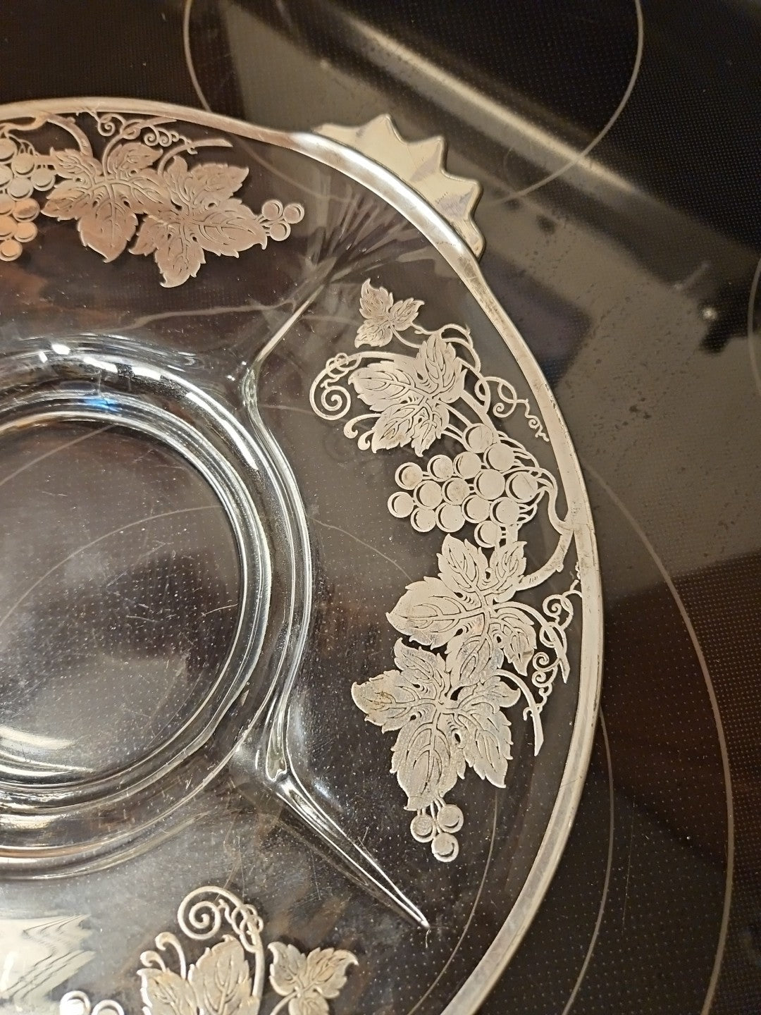 Vintage Glass Serving 11.5" Platter With Silver Grape Vine & Leaves Design