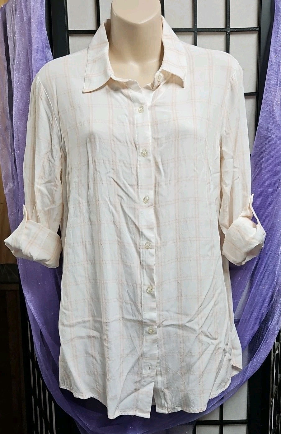 Calvin Klein Long Sleeve Roll Tab Peach & White Plaid Button Down Shirt - Sz S