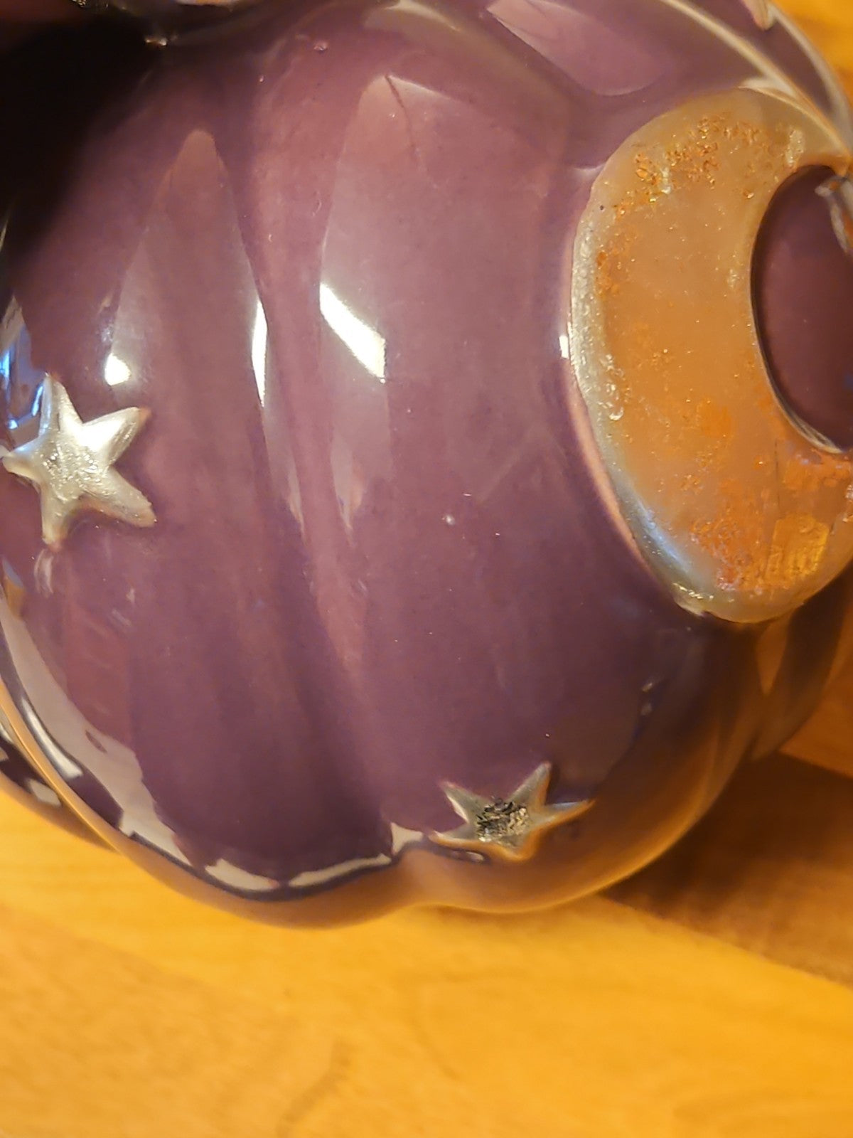 Purple & Silver Celestial Ceramic Pumpkin Goth Halloween Fall Decor 6.5" EUC