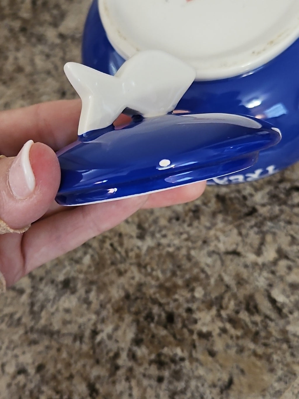 Vintage 1990's Blue & White Ceramic Cat Treats Cookie Jar 4.5" X 6"