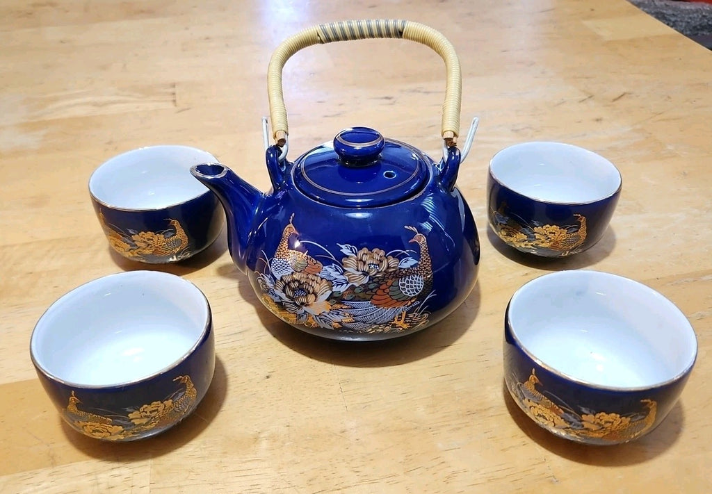 Vintage Japanese Cobalt Blue Tea Set With Gold Peacock Design - Teapot W/ 4 Cups