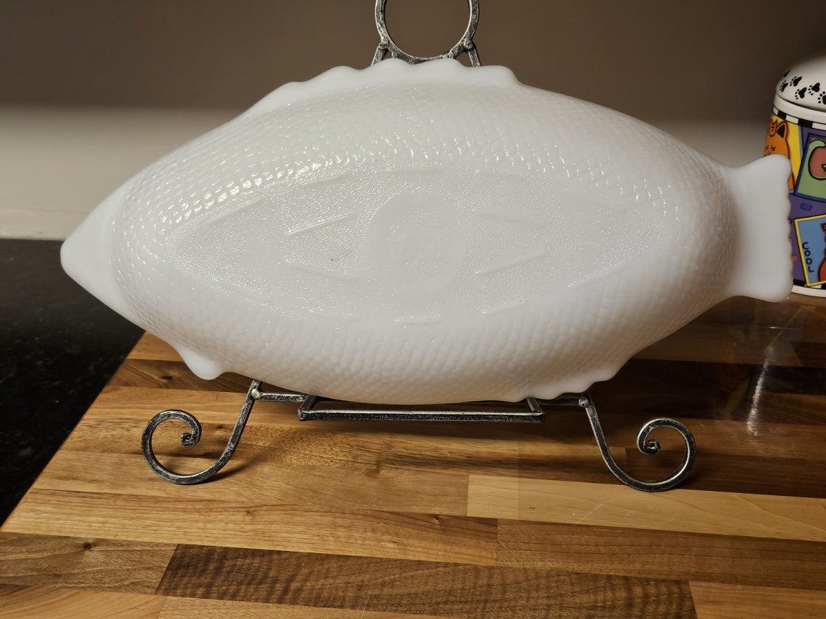 Vintage GlasBake Milk Glass Large Fish Serving Platter 18" x 8.5" Reversed Stamp