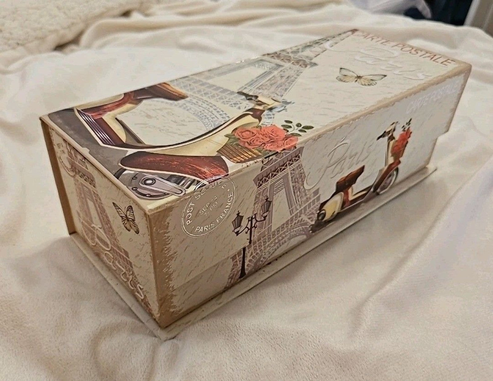 Elegant Storage Box Beige & Silver Paris Eiffel Tower Theme apprx 11.5 x 4.5 x4"