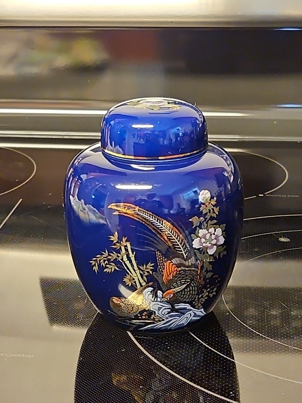Vintage Kutani Style Cobalt Blue Ginger Jar Gold Trimmed Birds In Garden 5"