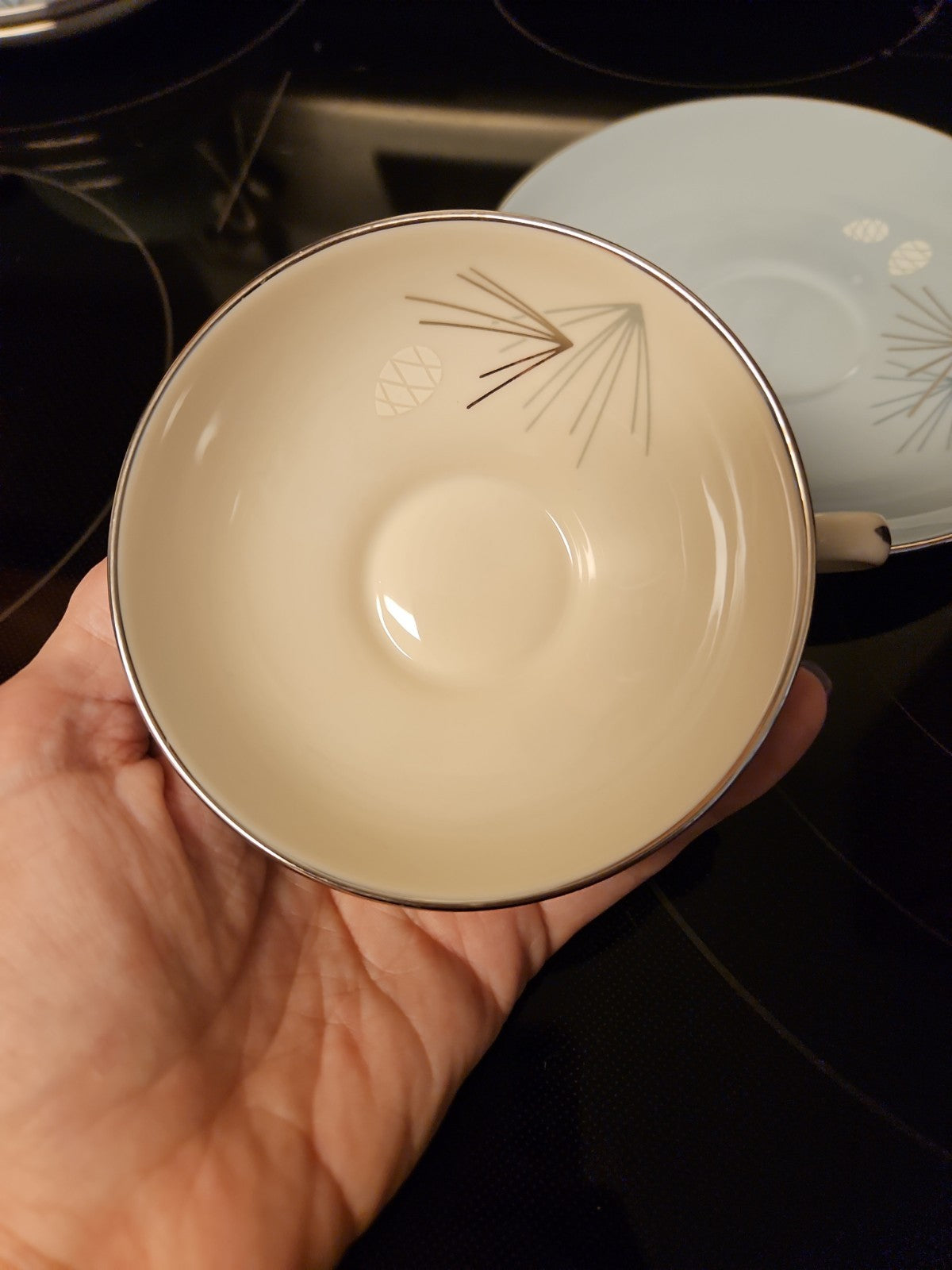 Vintage MCM Franciscan Silver Pine Tea Cup & Saucer Set Atomic Pine Near Mint