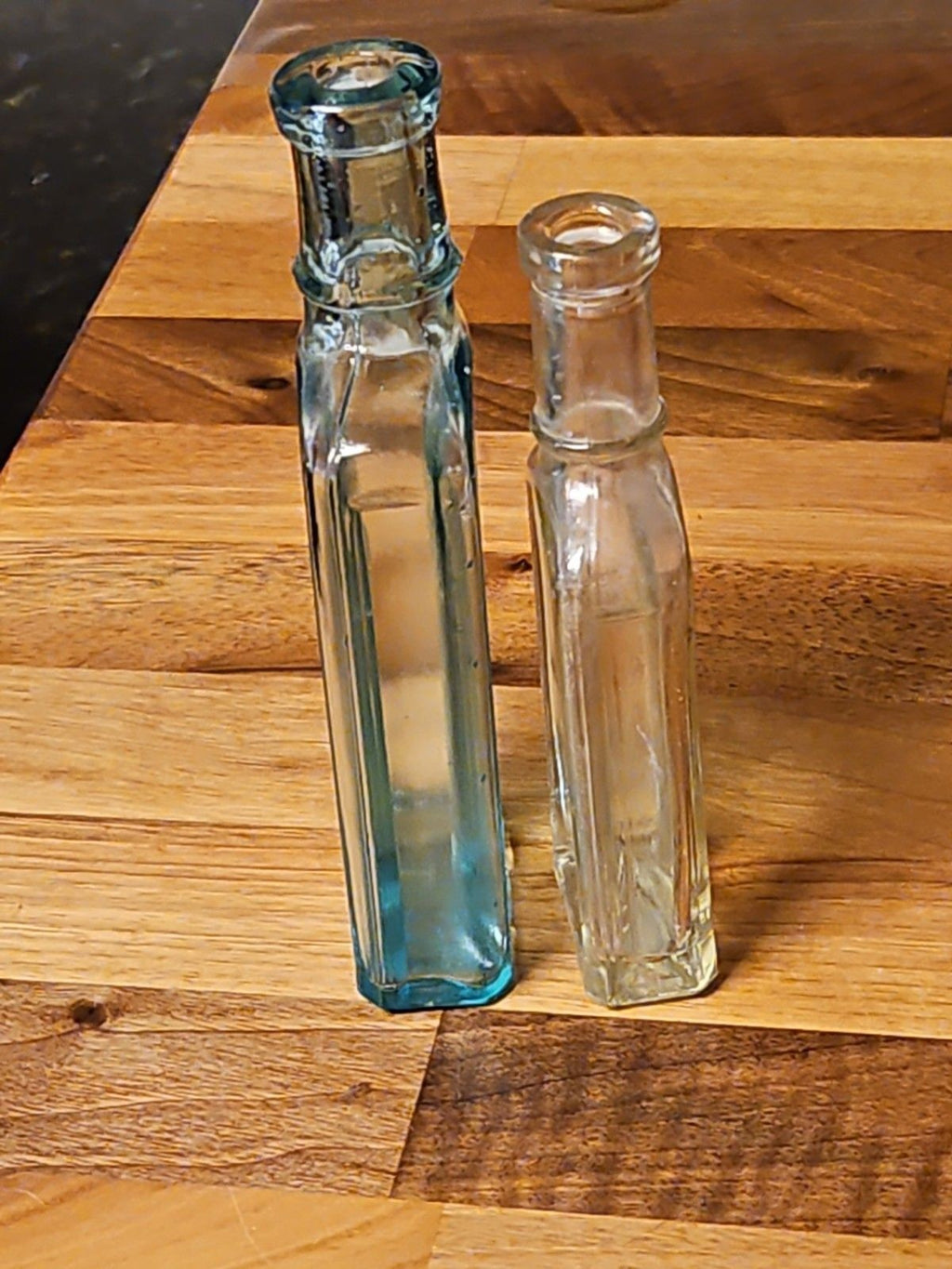 Set Of 2 Antique Medicine Bottles 5.5" & 4.75" Clear Aqua & Grey EUC