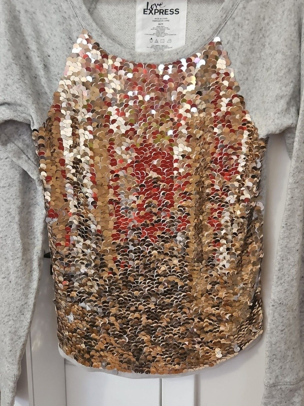 Love Express Women's XS Mermaid Gold & Silver Sequin Shirt Long Sleeve Top Gray