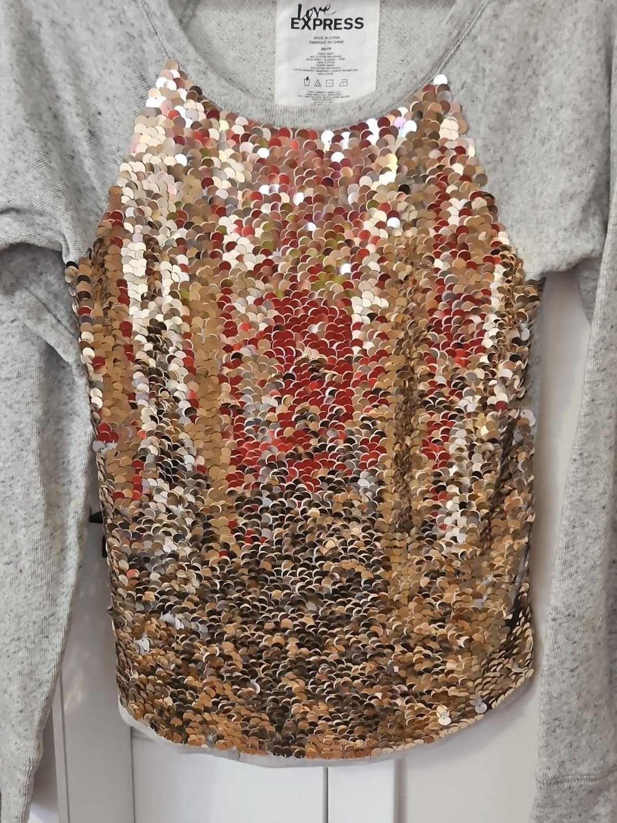 Love Express Women's XS Mermaid Gold & Silver Sequin Shirt Long Sleeve Top Gray