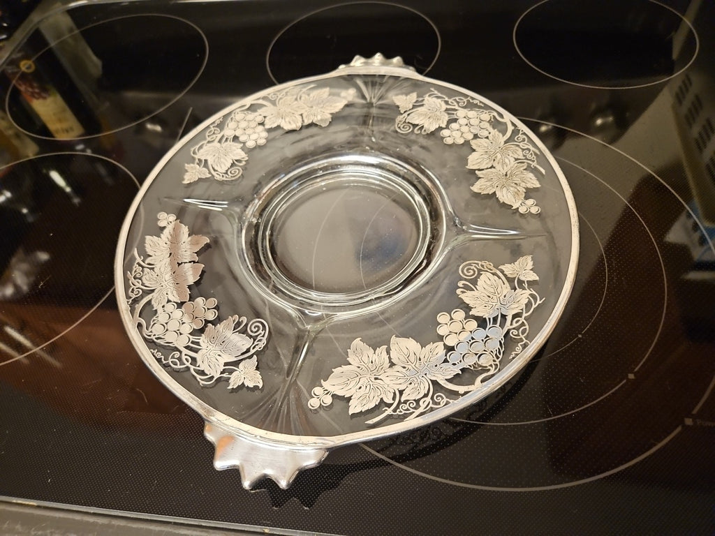 Vintage Glass Serving 11.5" Platter With Silver Grape Vine & Leaves Design