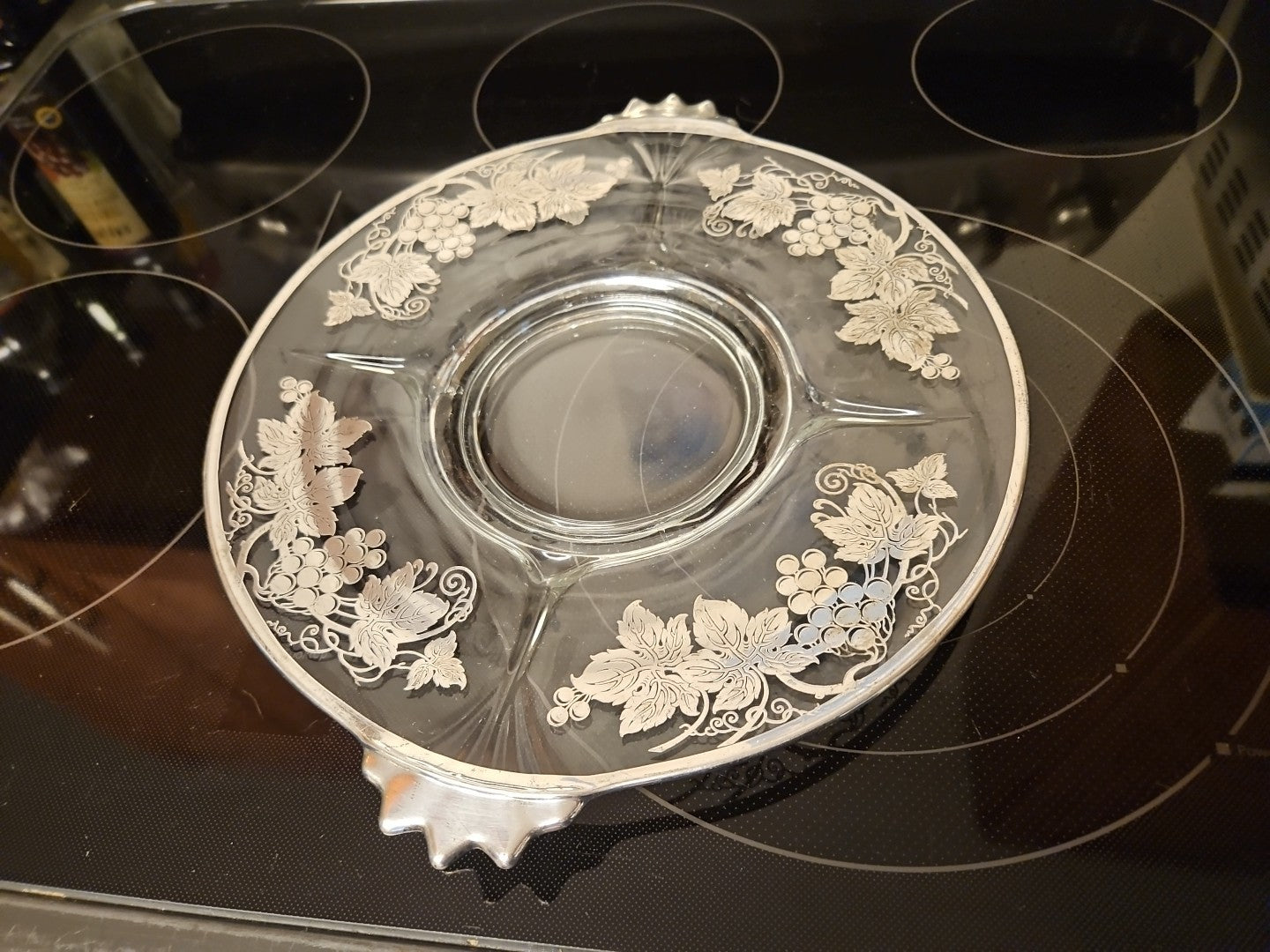 Vintage Glass Serving 11.5" Platter With Silver Grape Vine & Leaves Design