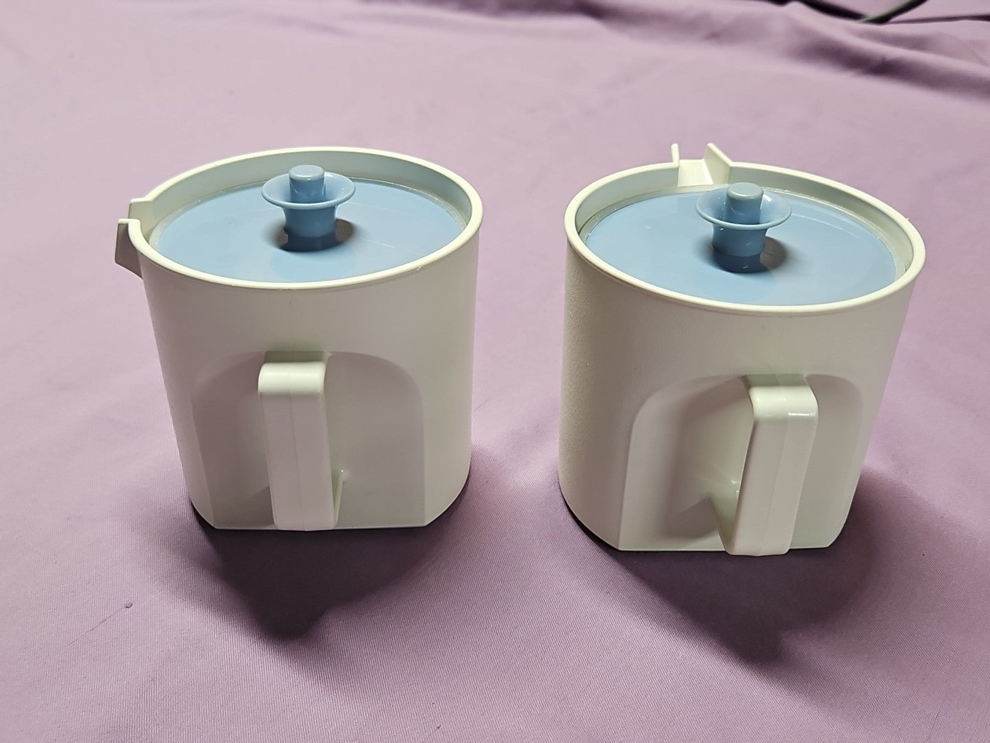 Vintage Tupperware Sugar & Creamer Set Push Tops 1414 & 1415 White W/ Blue Lids