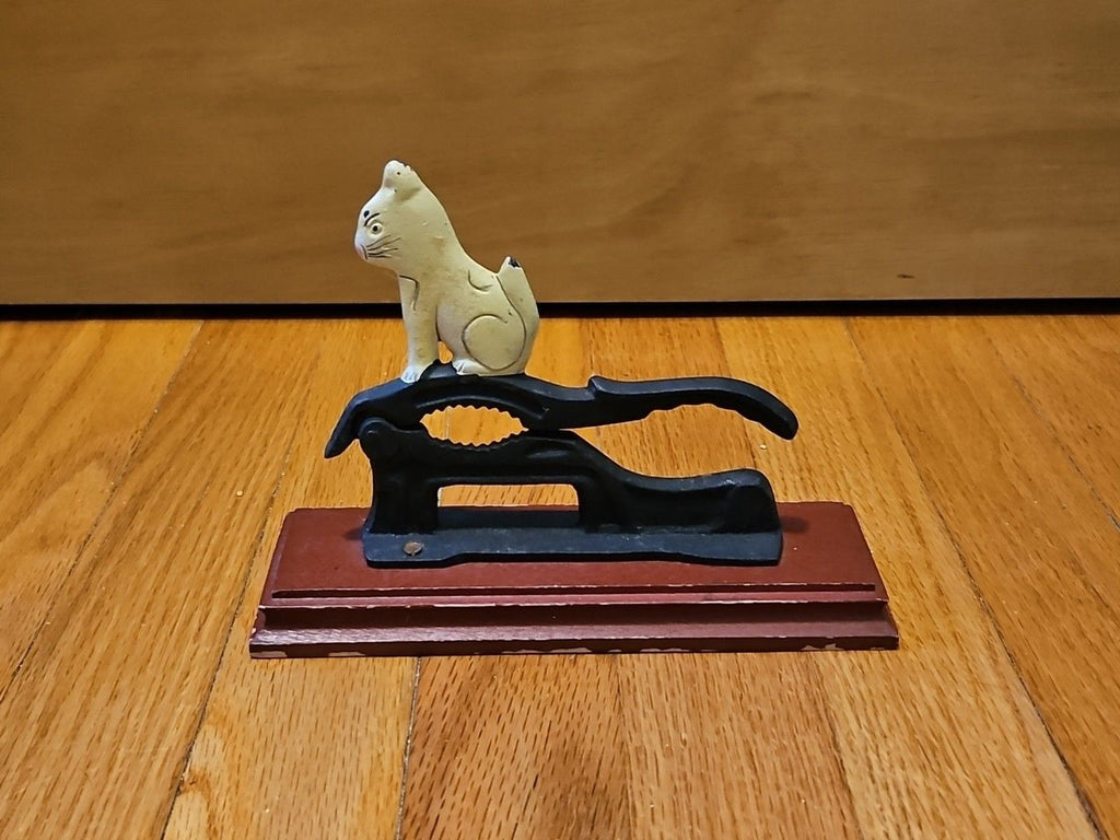 Vintage Cast Iron White Cat Nutcracker On Wooden Base