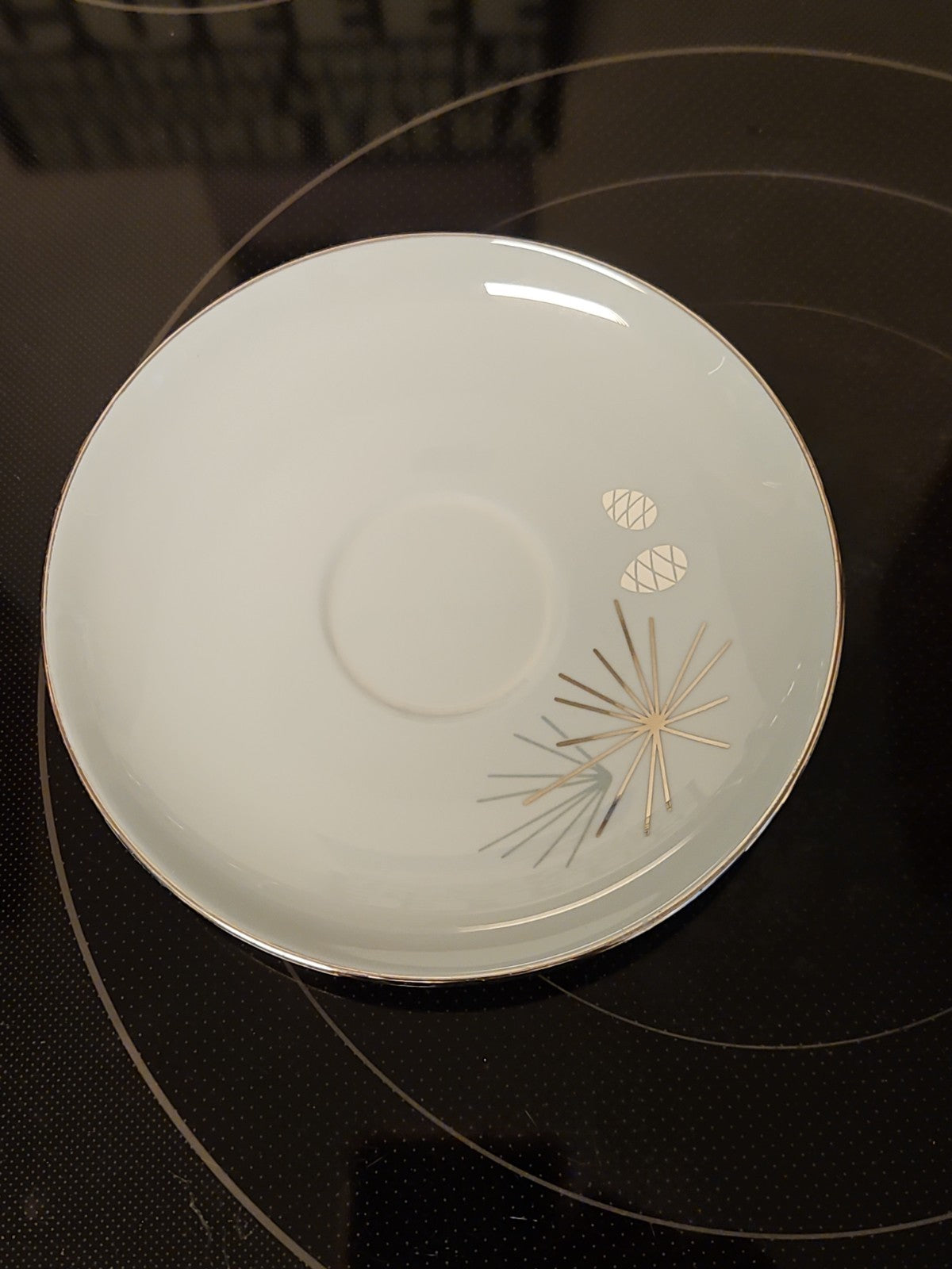 Vintage MCM Franciscan Fine China Silver Pine Saucer Atomic Pine 6"