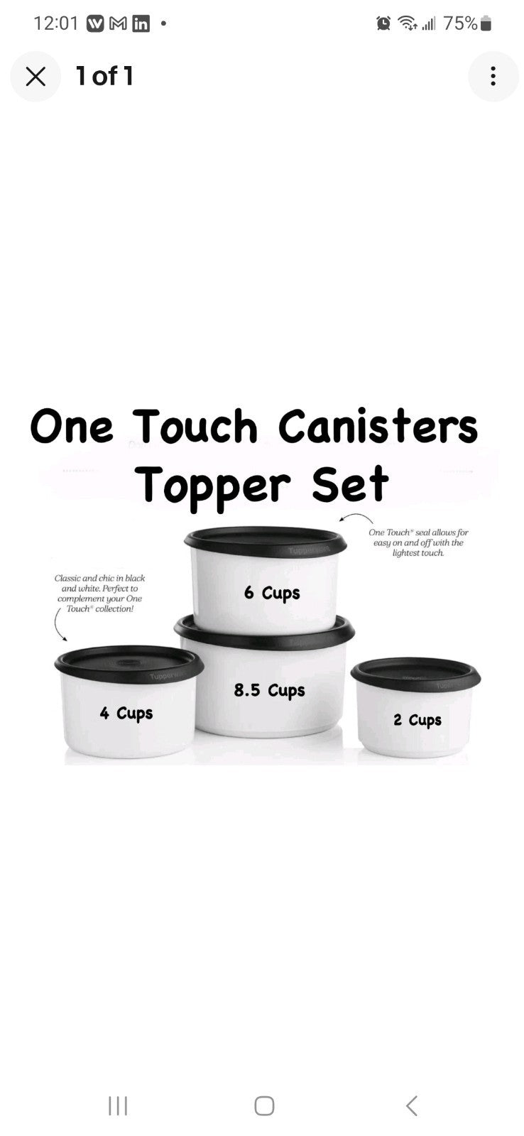 Set of 8 Tupperware One-Touch Topper & Reminder Canisters White W Black Lids New