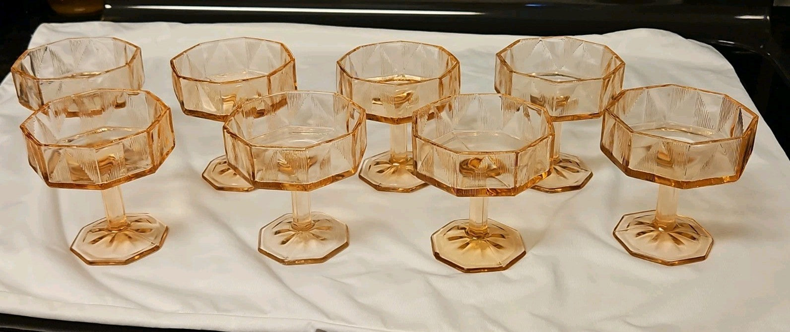 Set of 8 Vintage McKee "Tricia" Pink Depression Glass Art Deco Octagon Coupes