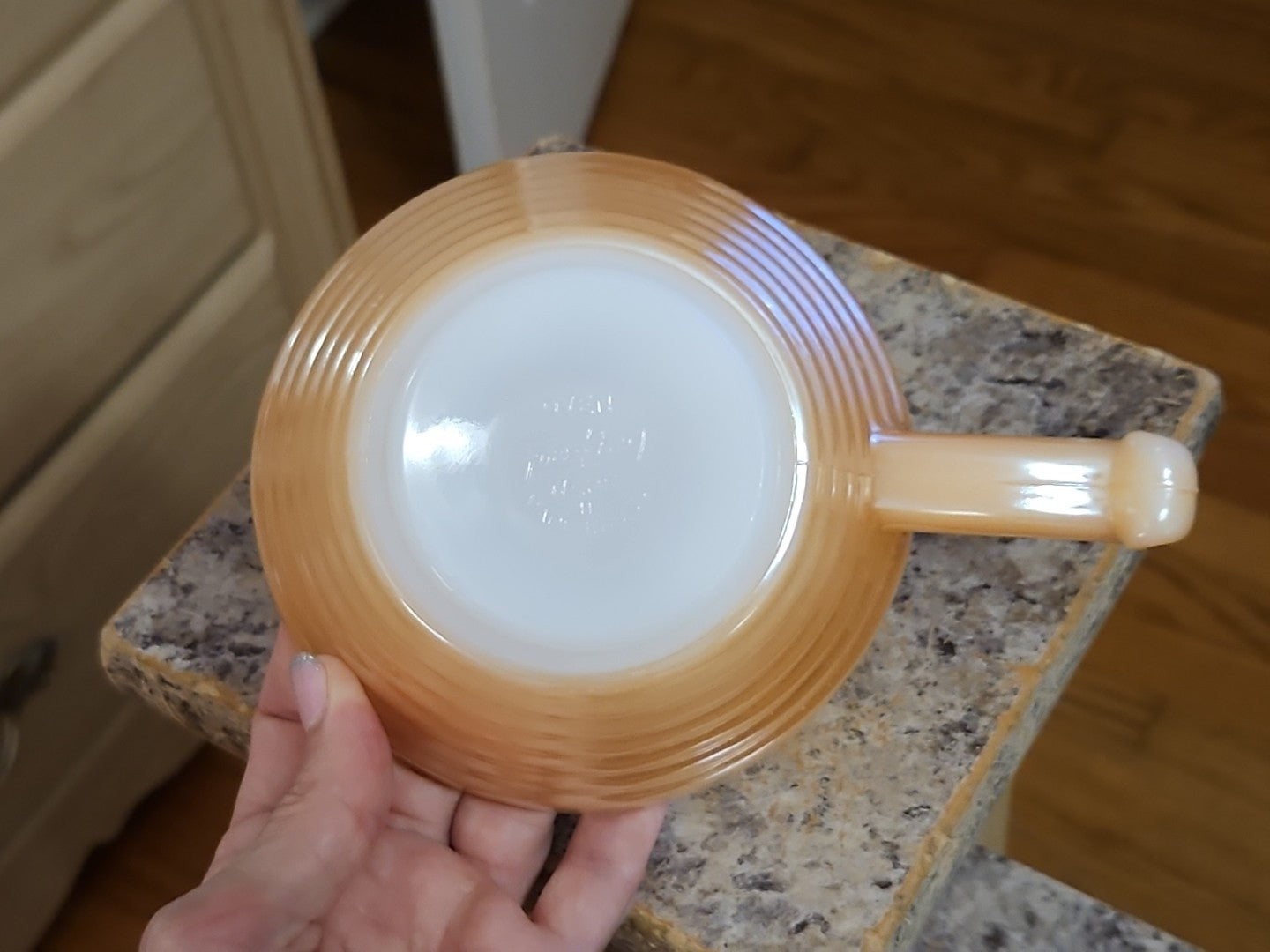 Vintage Anchor Hocking Fire King Peach Lusterware Handled Soup Bowl