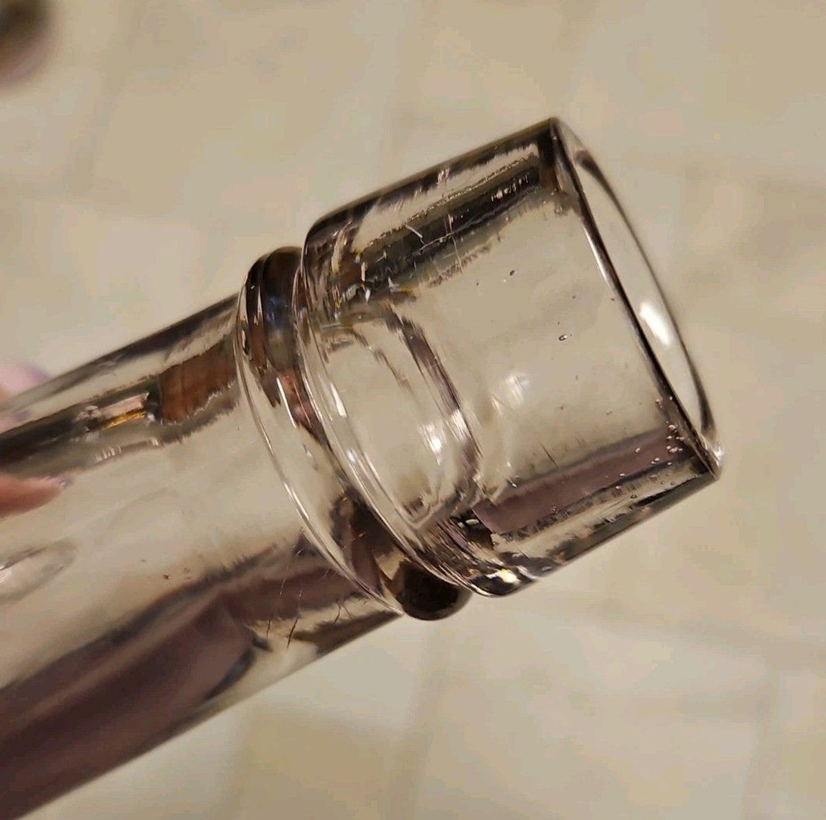 Antique 1890's Clear Glass Blown Liquor Bottle 9" Manganese Purple Grey Tint