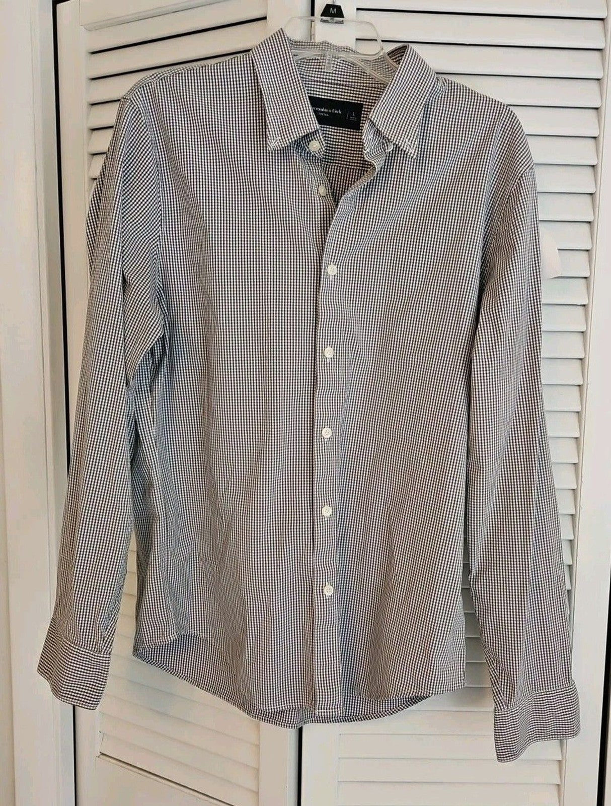 Abercrombie & Fitch Men's Grey White Checked Long Sleeve Button Down Shirt Sz L