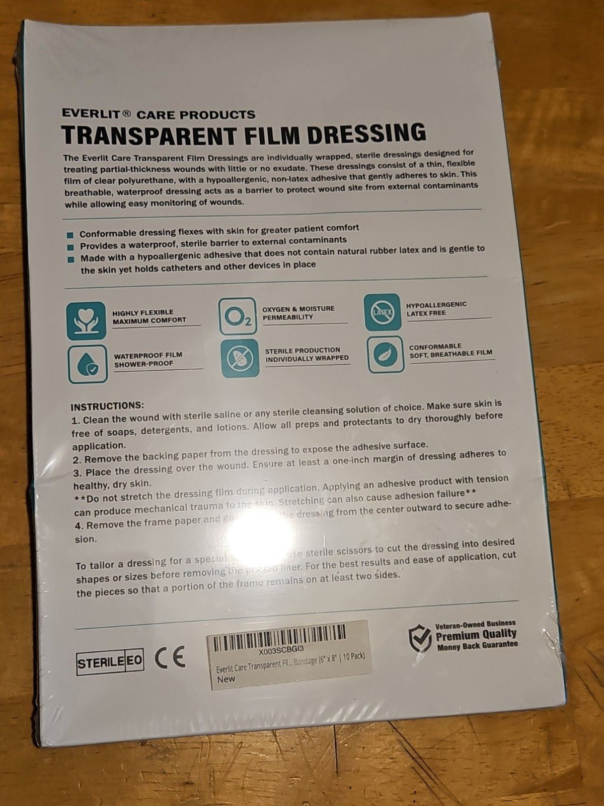 New Sealed Pack of 10 Everlit Transparent Film Dressings 6" x 8"