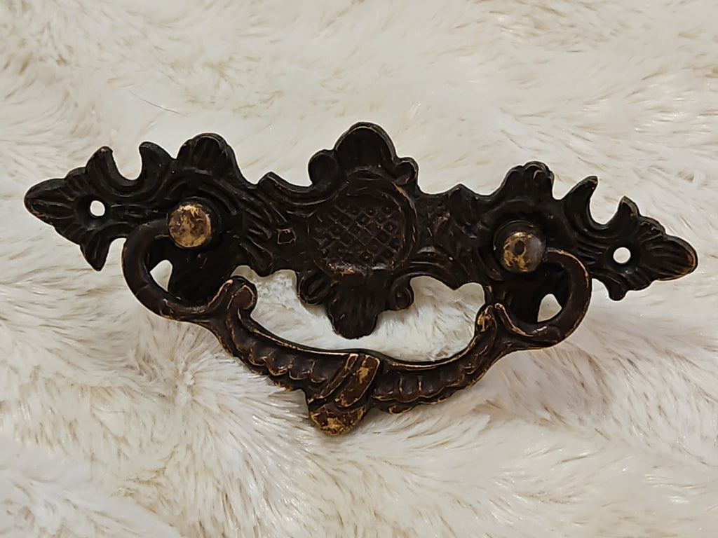 Ornate Vintage Brass Bail Pull Drawer Pull With Backplate 5"