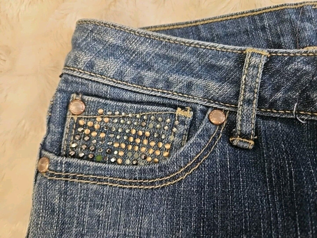 Bisou Bisou Womens Capri Jeans Sz 2 With Copper & Gunmetal Rhinestone Accents