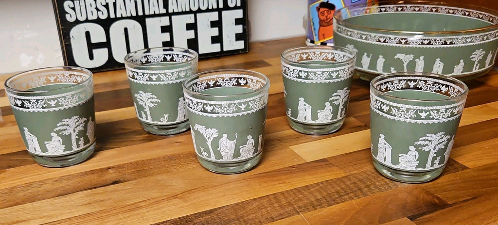 Vintage MCM Jeannette Glass Hellenic Green Grecian Serving Bowl With 5 Tumblers