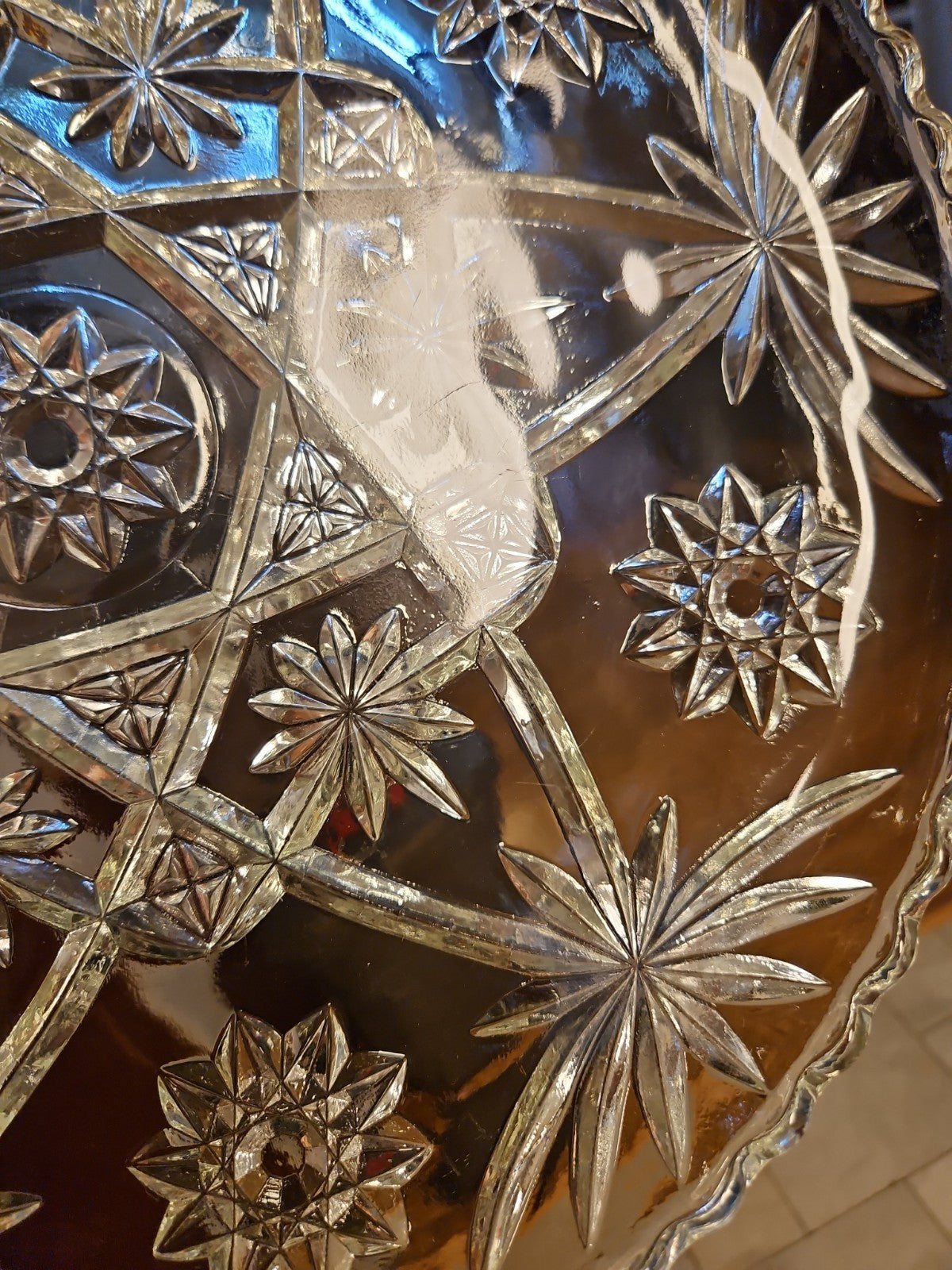 Vintage EAPC Anchor Hocking Star Burst Pressed Glass Platter 13.5" Round EUC
