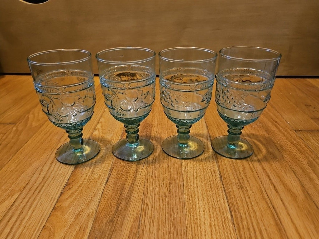 Vintage Mikasa 1960 Embossed Fruit Light Green Glasses Set of Four (4)