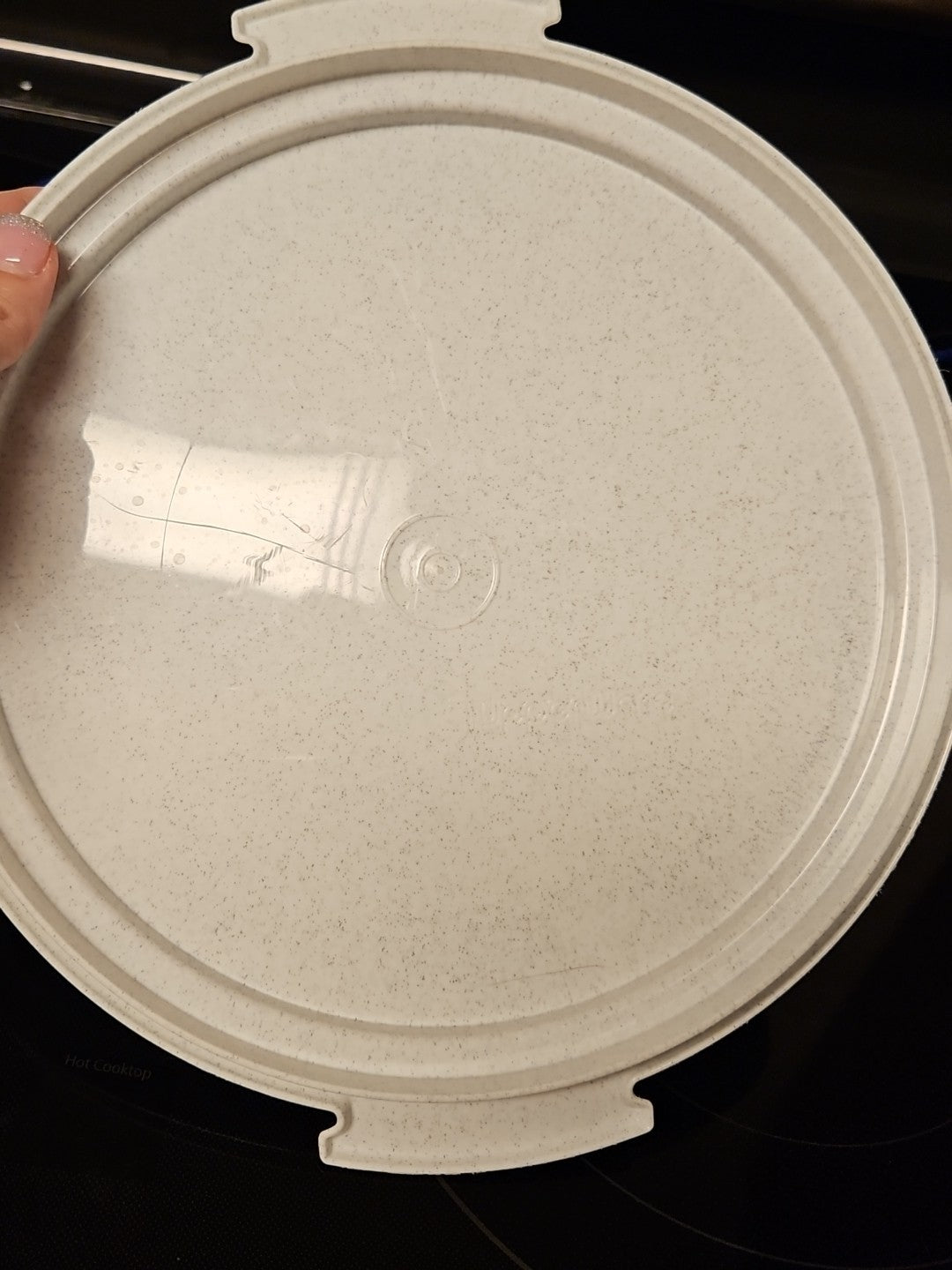 Vintage Tupperware 10" Cake Carrier White Speckled Base 684 Lid 683 Blue Handle