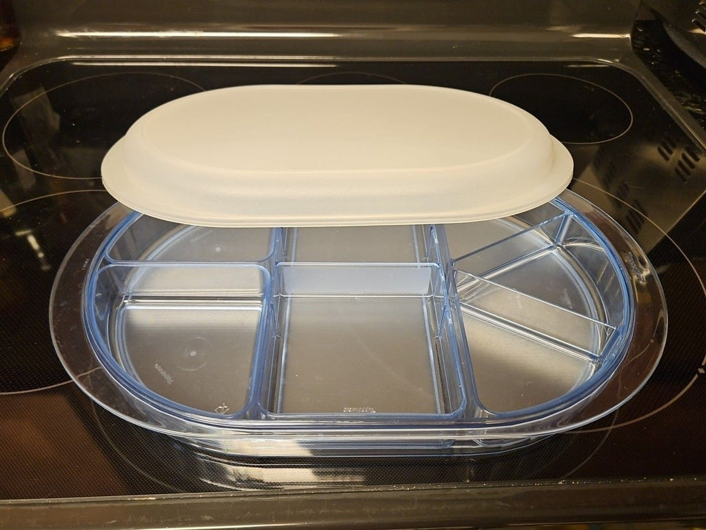 Vintage Tupperware Preludio Blue Acrylic Divided Serving Tray with Lid 2015A-1