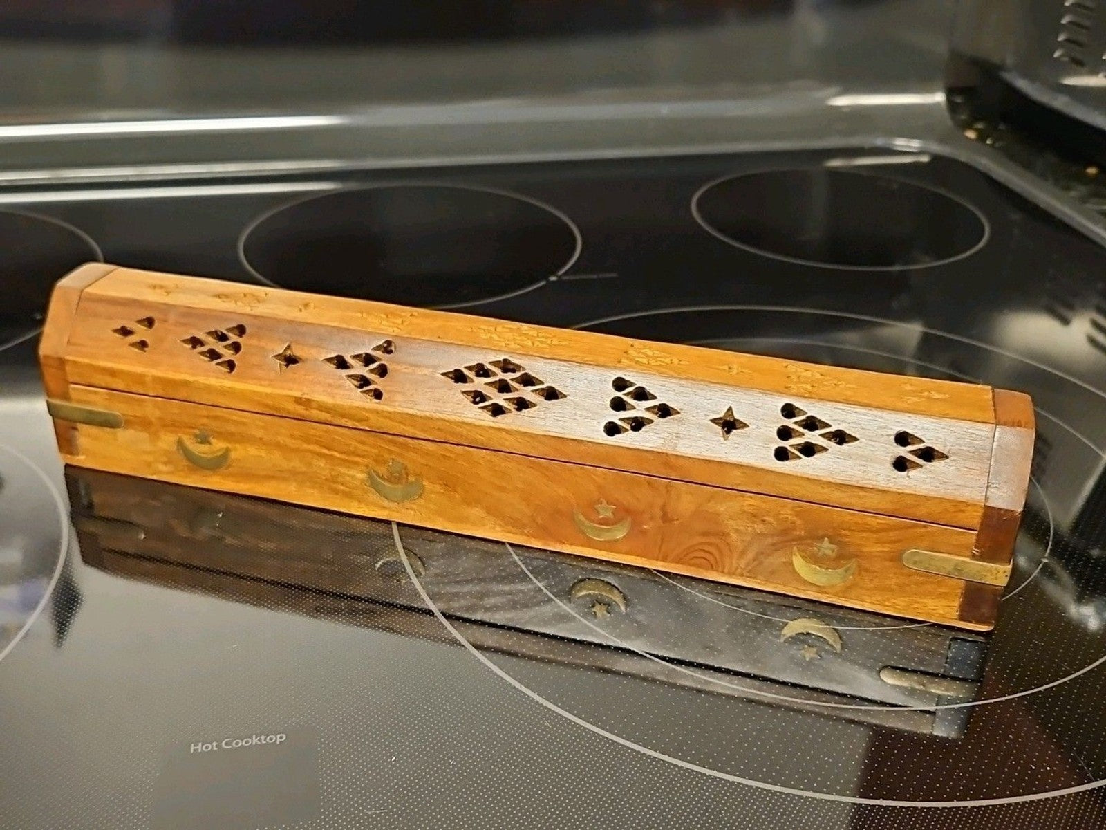 Vintage Wooden Incense Holder Brass Inlaid Stars & Moon w/ Hidden Compartment