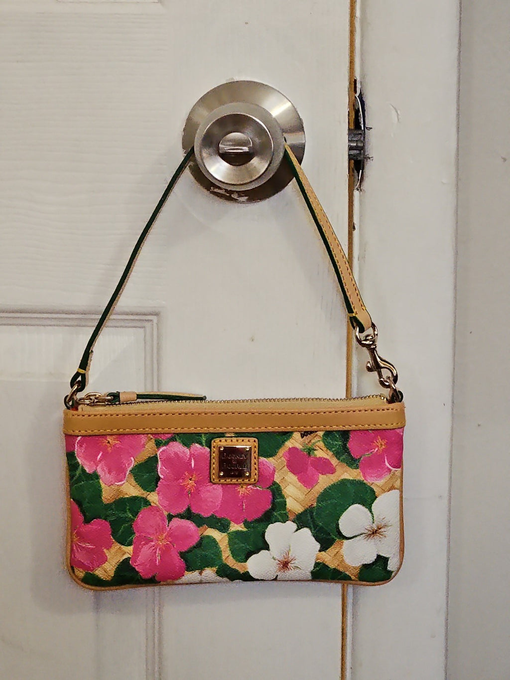 Dooney & Bourke Pink And White Tropical Pansies & Hibiscus Basketweave Wristlet