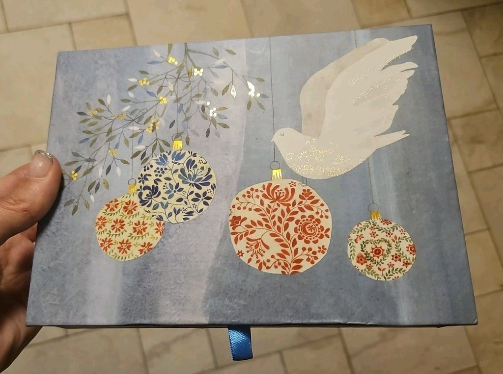 Elegant Storage Box Blue With Christmas Ornaments & Dove 7.75"x6"x2"