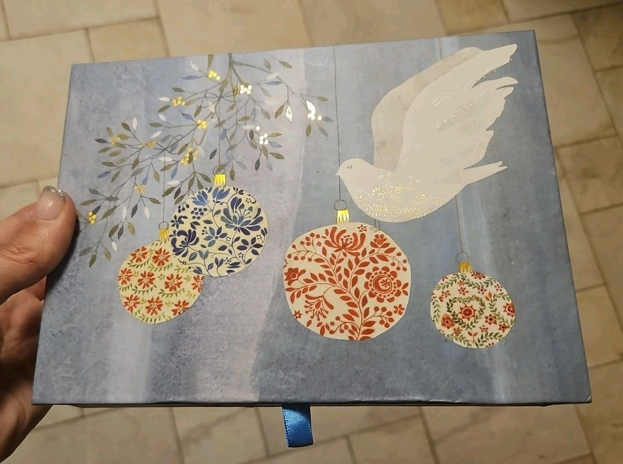 Elegant Storage Box Blue With Christmas Ornaments & Dove 7.75"x6"x2"