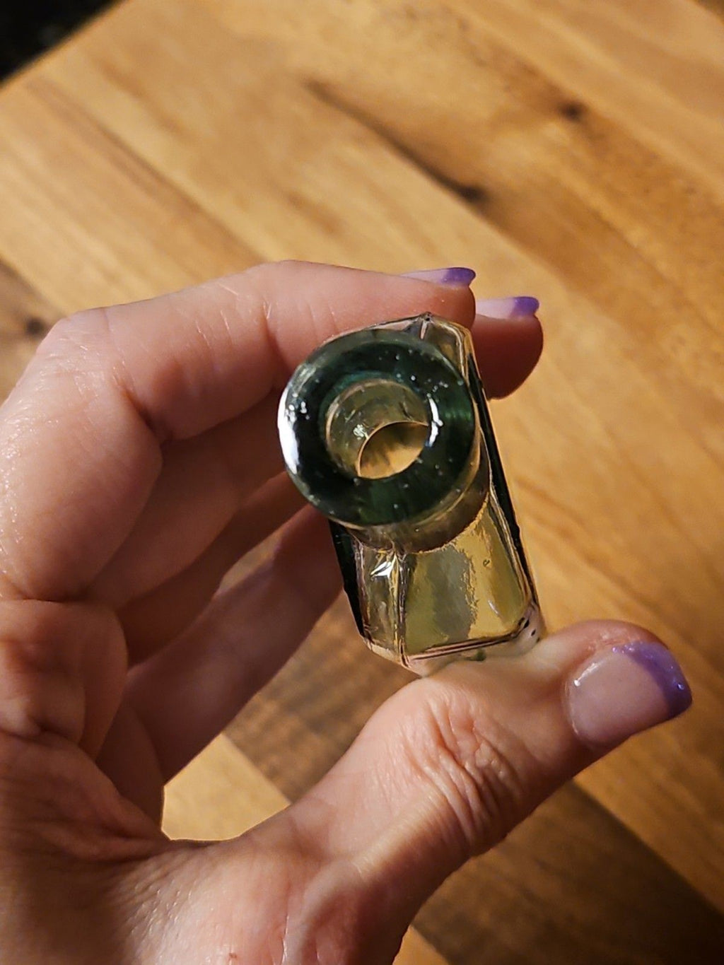 Antique 1890's Clear Blown Glass Home Oil Bottle Green Tint Sample Size 4.25"