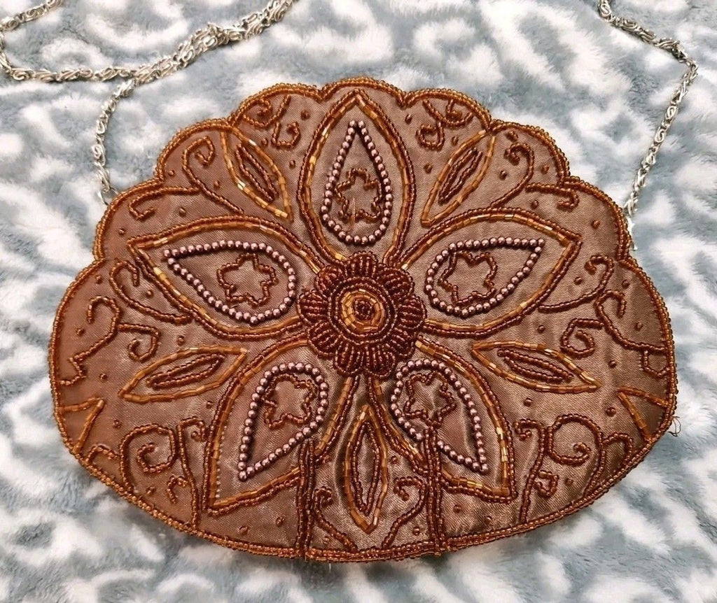 Vintage BIJOUX TERNER Beaded Satin Evening Bag Purse 8"x6" Brown Floral Design